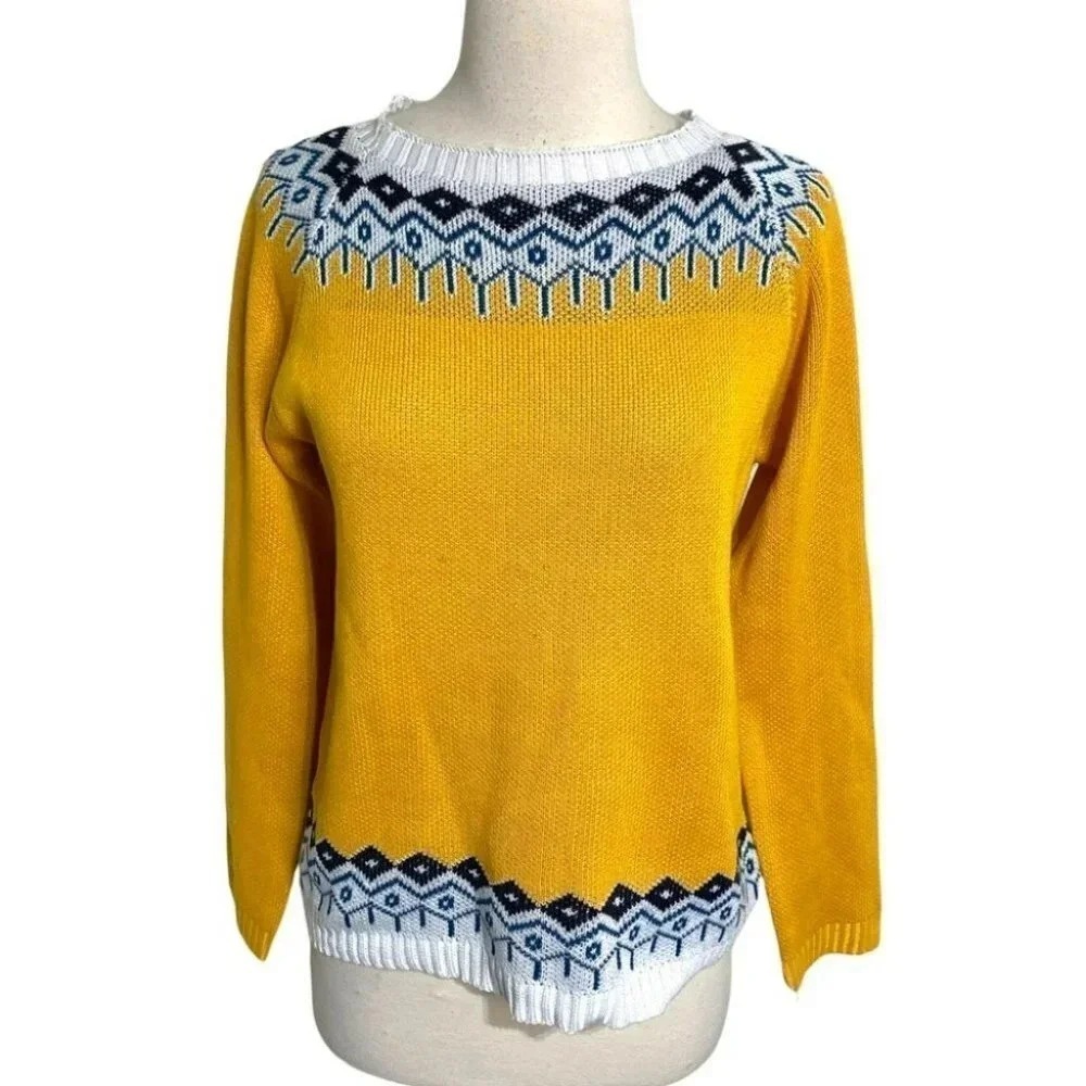 Misslook Fair Isle Crew Neck Sweater Medium Yellow Nordic Geometric Knit